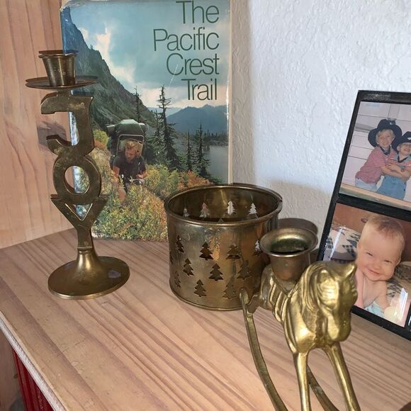 Triptych Brass Candle Holder Set - Joy Design, Rocking Horse, Voltive Pine Trees - Picture 4 of 13